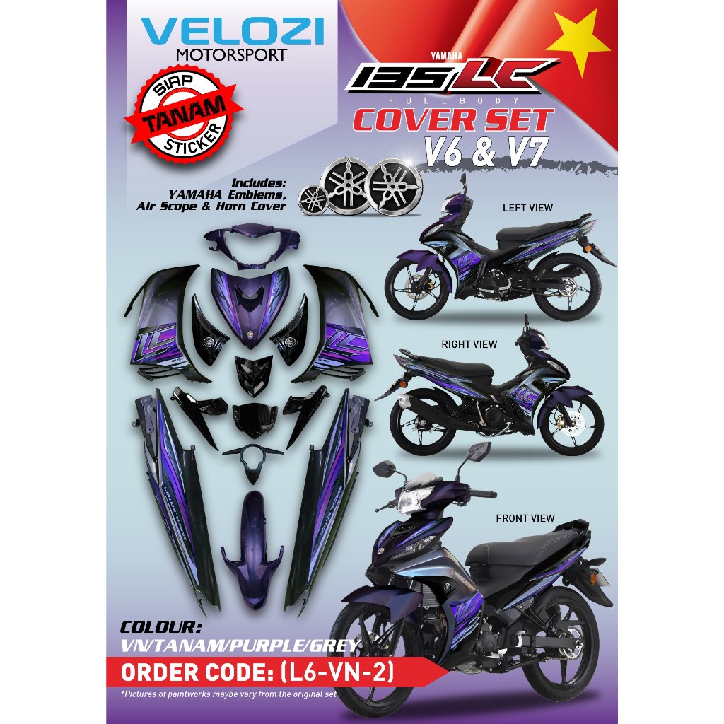 COVERSET YAMAHA LC LC135 V6 V7 PURPLE GREY TERUNG KILAT VIETNAM EDITION SIAP TANAM VELOZI WITH COVER METER L6-VN-2