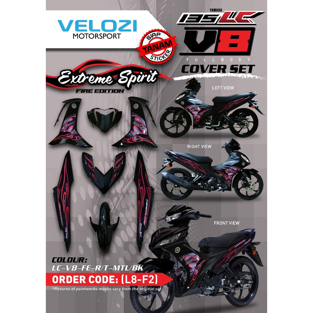 MOTORCYCLE COVERSET BODYSET LC135 LC V8 FIRE RED MATELIC BLACK L8-F2 FUEL INJECTION FI YAMAHA SIAP TANAM VELOZI