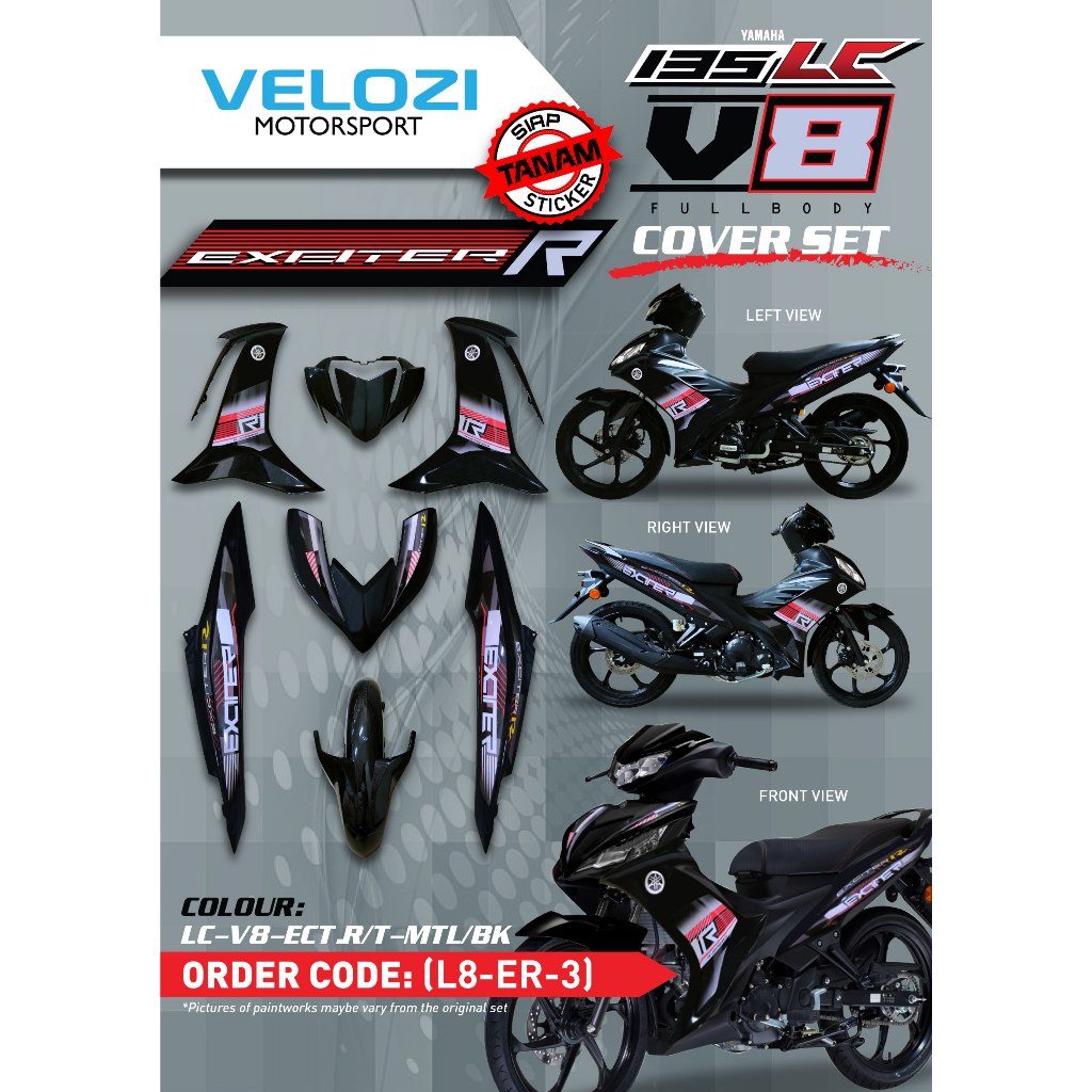 MOTORCYCLE COVERSET BODYSET LC135 LC V8 EXCITER R MATELIC BLACK L8-ER-3 FUEL INJECTION FI YAMAHA SIAP TANAM VELOZI