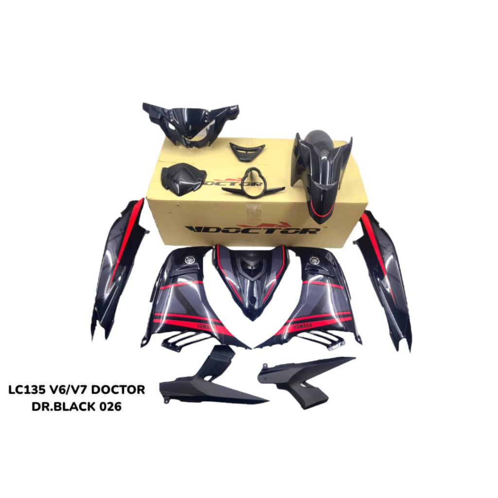 COVERSET BODYSET YAMAHA LC LC135 V6 V7 DR BLACK HITAM CODE 026 RXZ DESIGN STRIPE TANAM DOCTOR EDITION OEM
