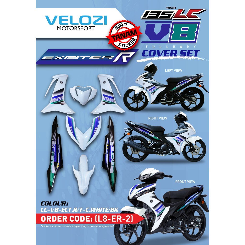 MOTORCYCLE COVERSET BODYSET LC135 LC V8 EXCITER R CRYSTAL WHITE BLACK L8-ER-2 FUEL INJECTION FI YAMAHA SIAP TANAM VELOZI
