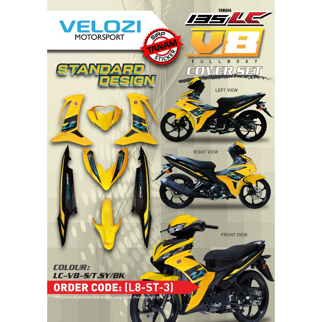 MOTORCYCLE COVERSET BODYSET LC135 LC V8 SUNNY YELLOW BLACK L8-ST-3 FUEL INJECTION FI YAMAHA SIAP TANAM VELOZI