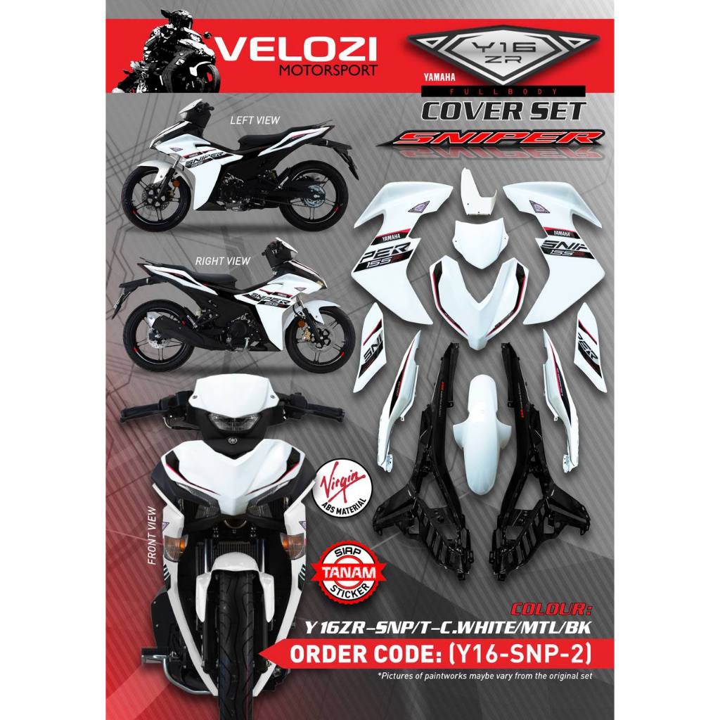 Y16 COVERSET Y16ZR SNIPER CRYSTAL WHITE MATELIC BLACK PUTIH HITAM Y16-SNP-2 ORIGINAL VELOZI YAMAHA SIAP TANAM