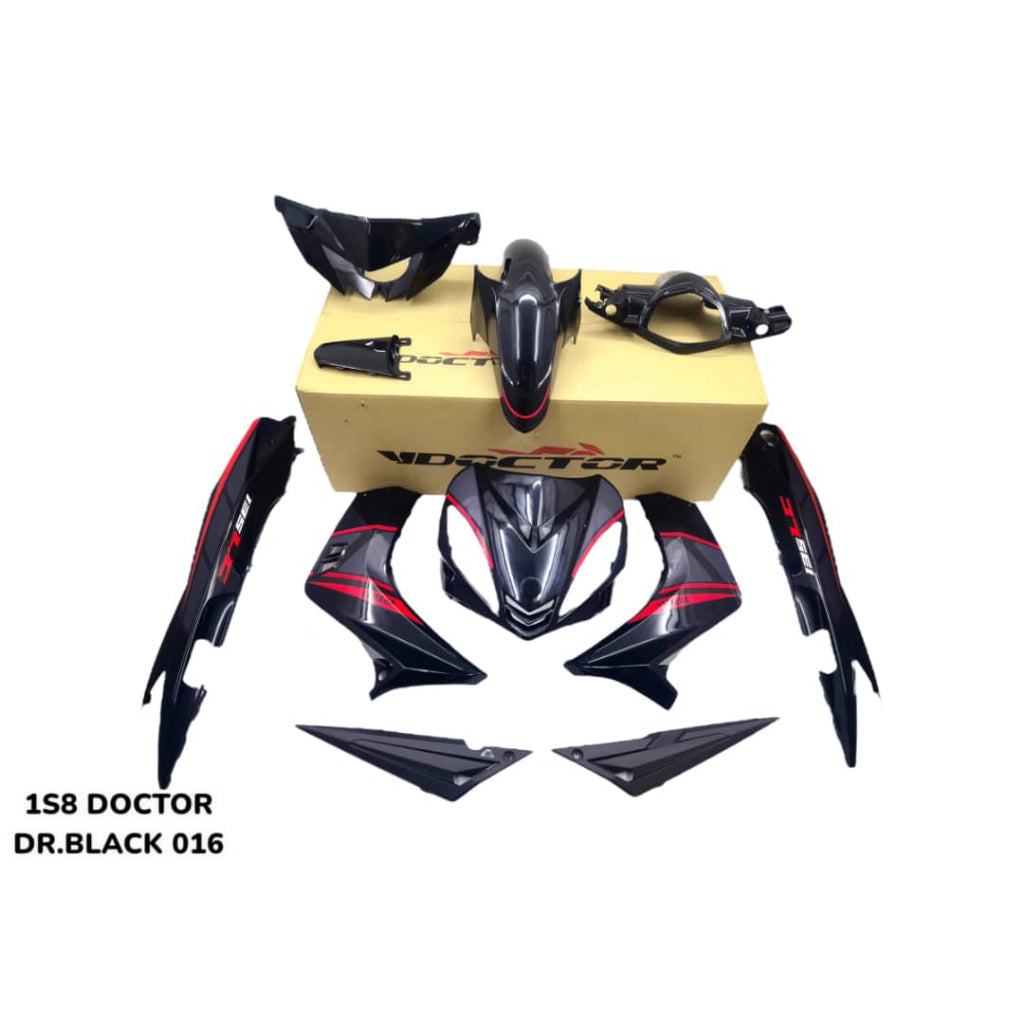COVERSET BODYSET YAMAHA LC LC135 V1 DR HITAM BLACK RXZ DESIGN STRIPE TANAM CODE 016 DOCTOR EDITION OEM