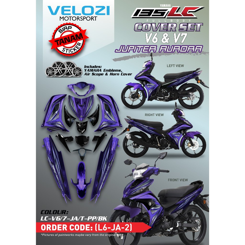 COVERSET YAMAHA LC LC135 V2 V6 V7 JUPITER AURORA PURPLE BLACK L6-JA-2 SIAP TANAM ORIGINAL VELOZI + COVER METER