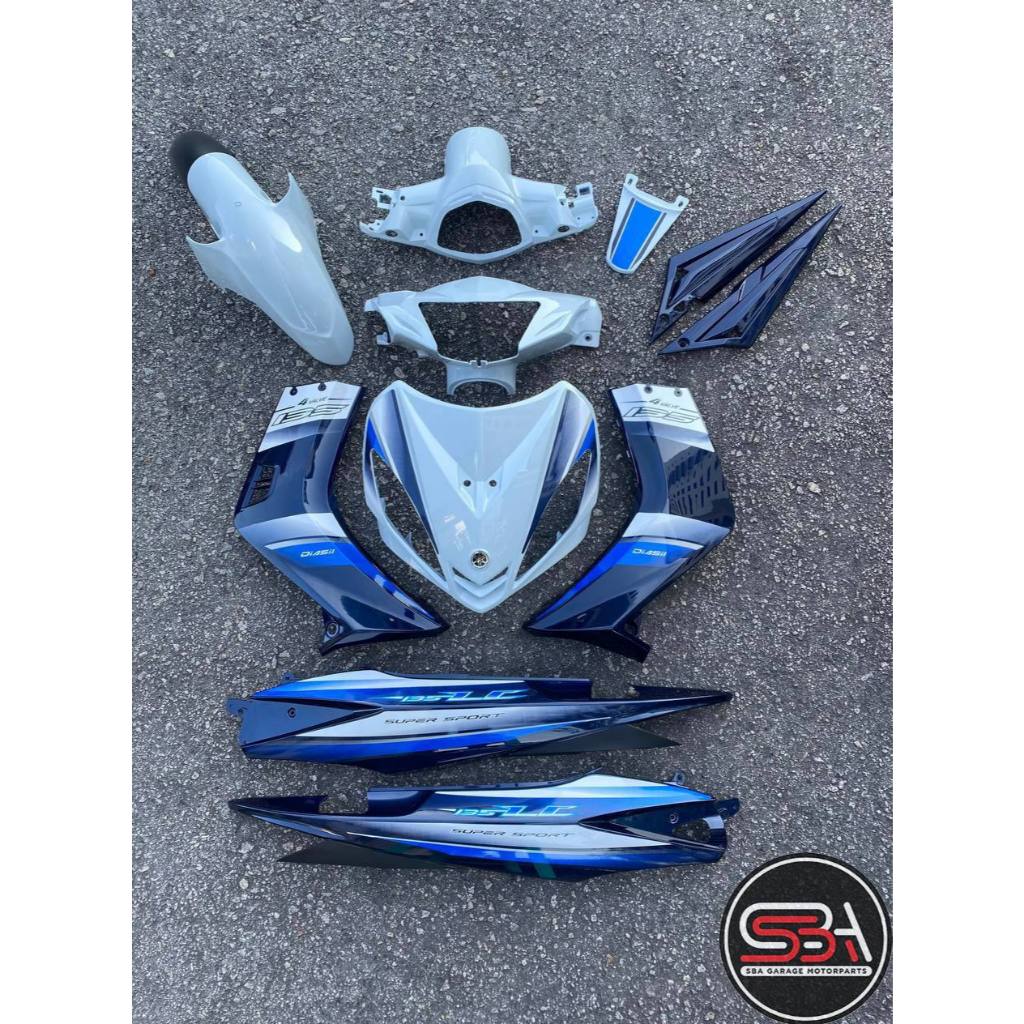 COVERSET LC135 V1 BIRU PUTIH SILVER 1ST EDITION DPBMU BWC1 ORIGINAL HLY SIAP TAMPAL FREE EMBLEM HONG LEONG YAMAHA
