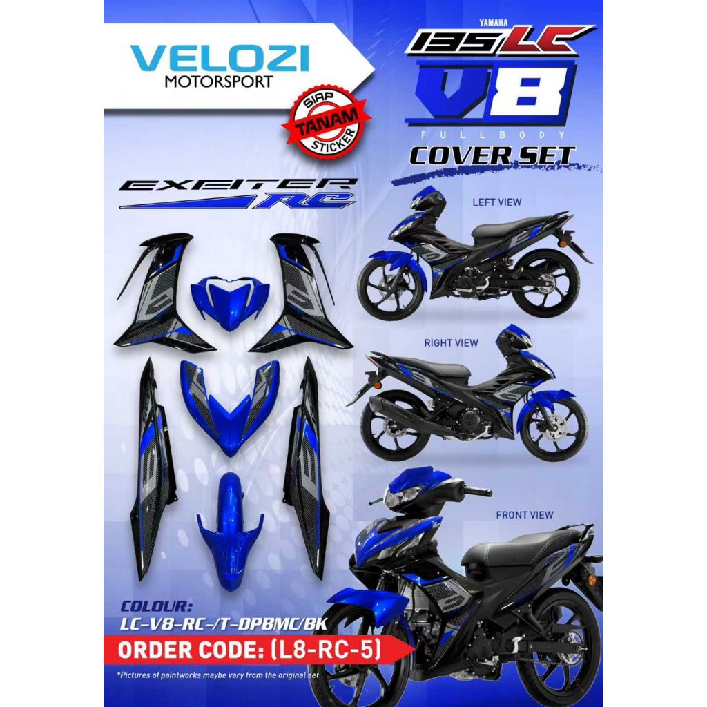MOTORCYCLE COVERSET BODYSET LC135 LC V8 RC DPBMC BLACK FUEL INJECTION FI YAMAHA SIAP TANAM VELOZI L8-RC-5