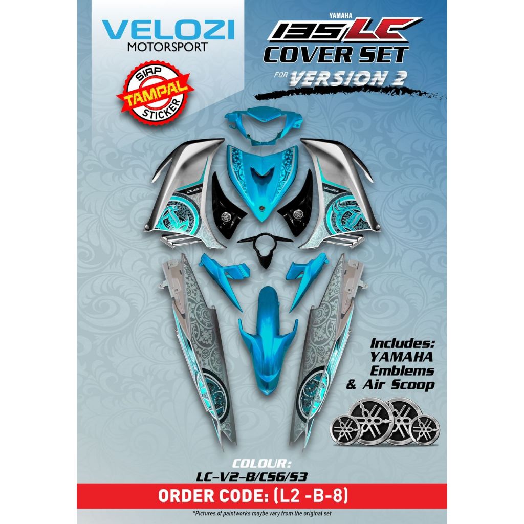 COVERSET BODYSET YAMAHA LC LC135 V2 CS6 S3 CYAN BATIK SILVER STRIPE SIAP TAMPAL KILANG VELOZI