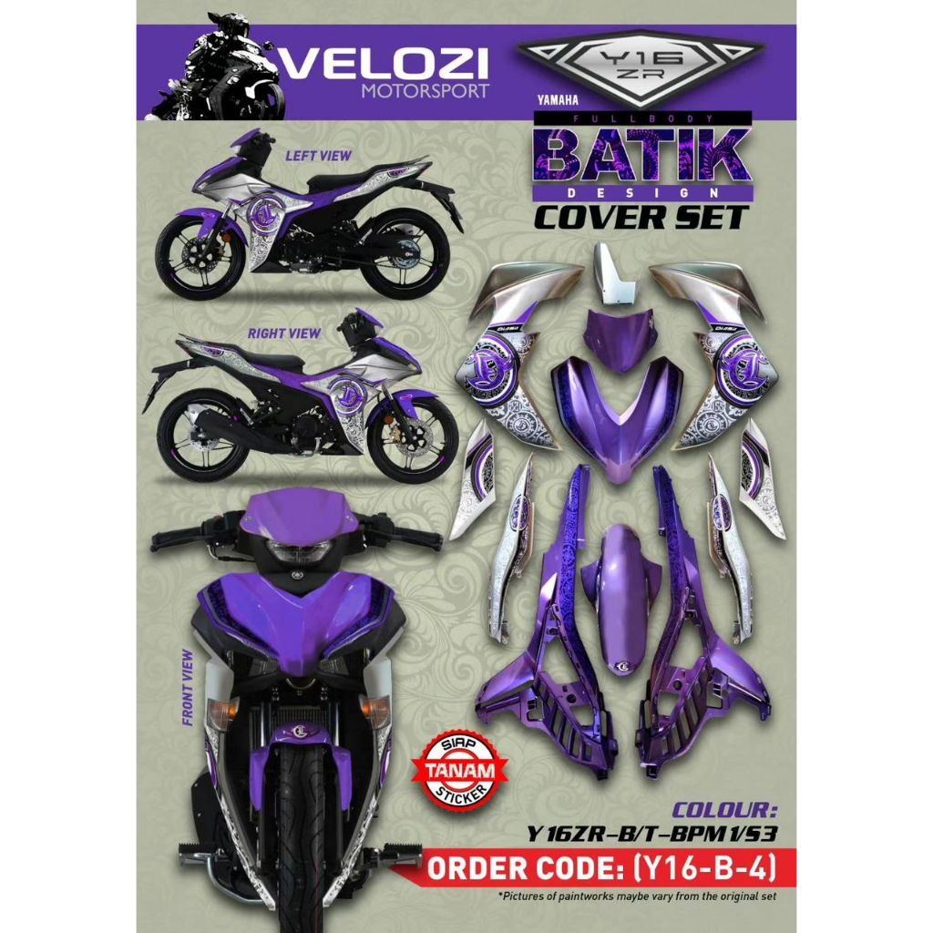 Y16 V1 V2 COVERSET Y16ZR PURPLE SILVER BPM1 S3 BATIK Y16-B-4 ORIGINAL VELOZI YAMAHA SIAP TANAM READY STOK