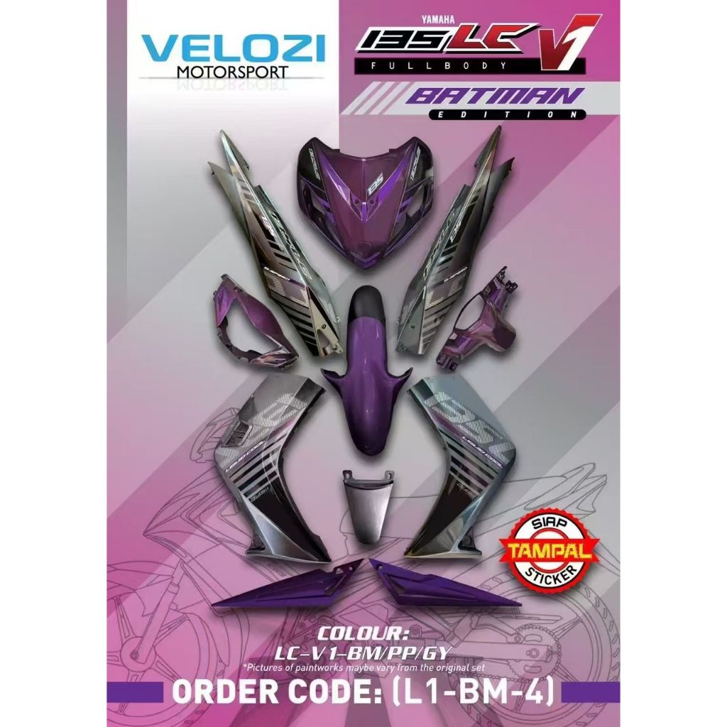 COVERSET BODYSET YAMAHA LC135 LC 135 V1 PURPLE GREY BATMAN ( L1-BM-4 ) STRIPE SIAP TAMPAL VELOZI