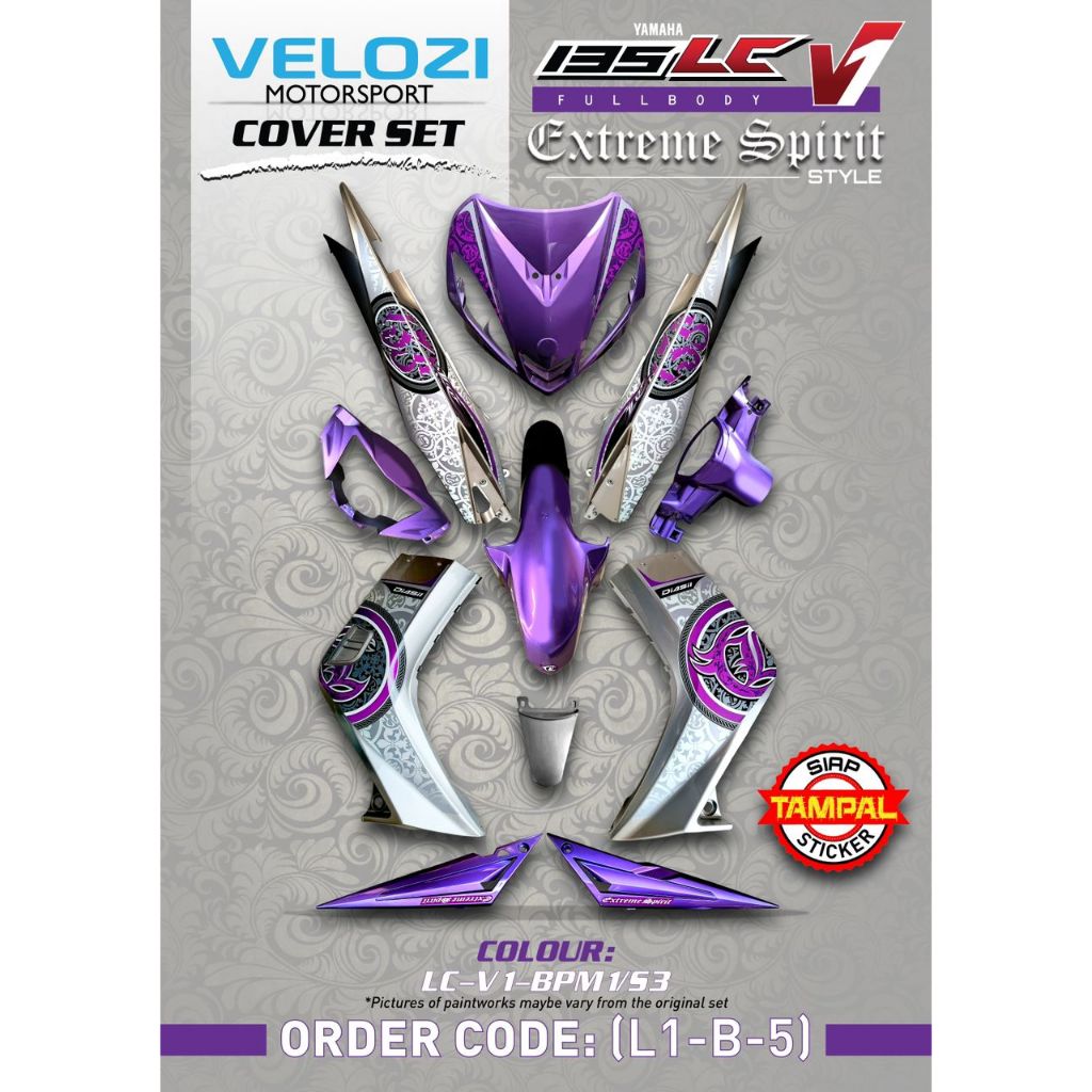 COVERSET BODYSET LC 135 V1 PURPLE BATIK SILVER EXTREME SPIRIT STYLE BPM1/S3 ( L1-B-5 ) STRIPE SIAP TAMPAL VELOZI