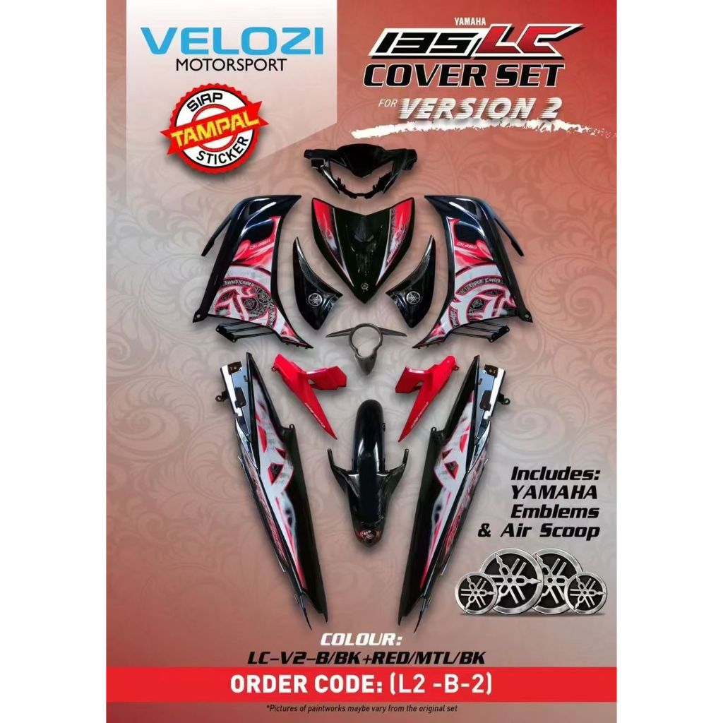 COVERSET VERSION VELOZI LC 135 LC135 V2 HITAM BATIK SMOKE MERAH RED STRIPE TAMPAL KILANG FREE EMBLEM