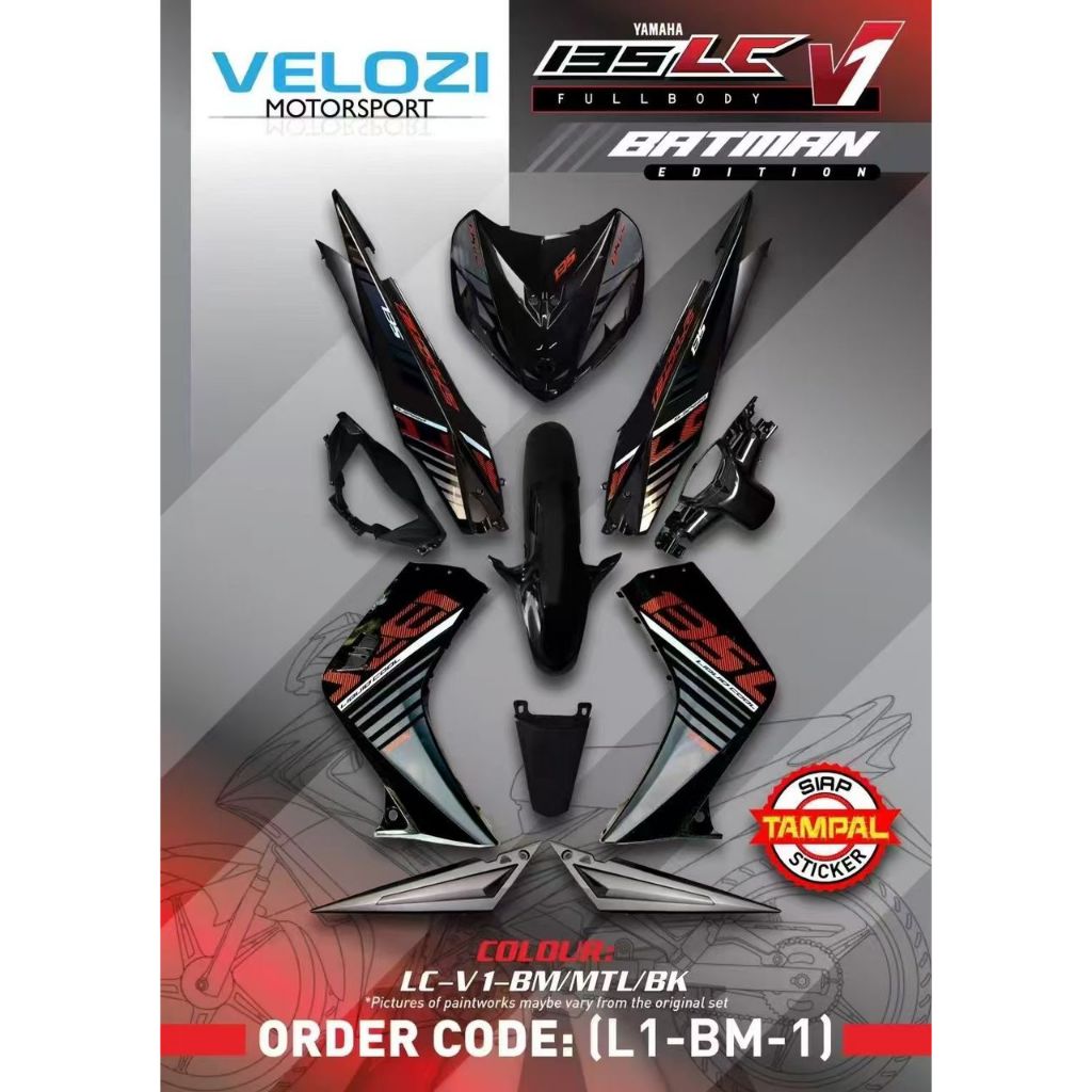 COVERSET LC LC135 V1 YAMAHA DOCTOR P HITAM BLACK BATMAN 024 2015 / VELOZI L1-BM-1 STRIPE SIAP TANAM CLEAR