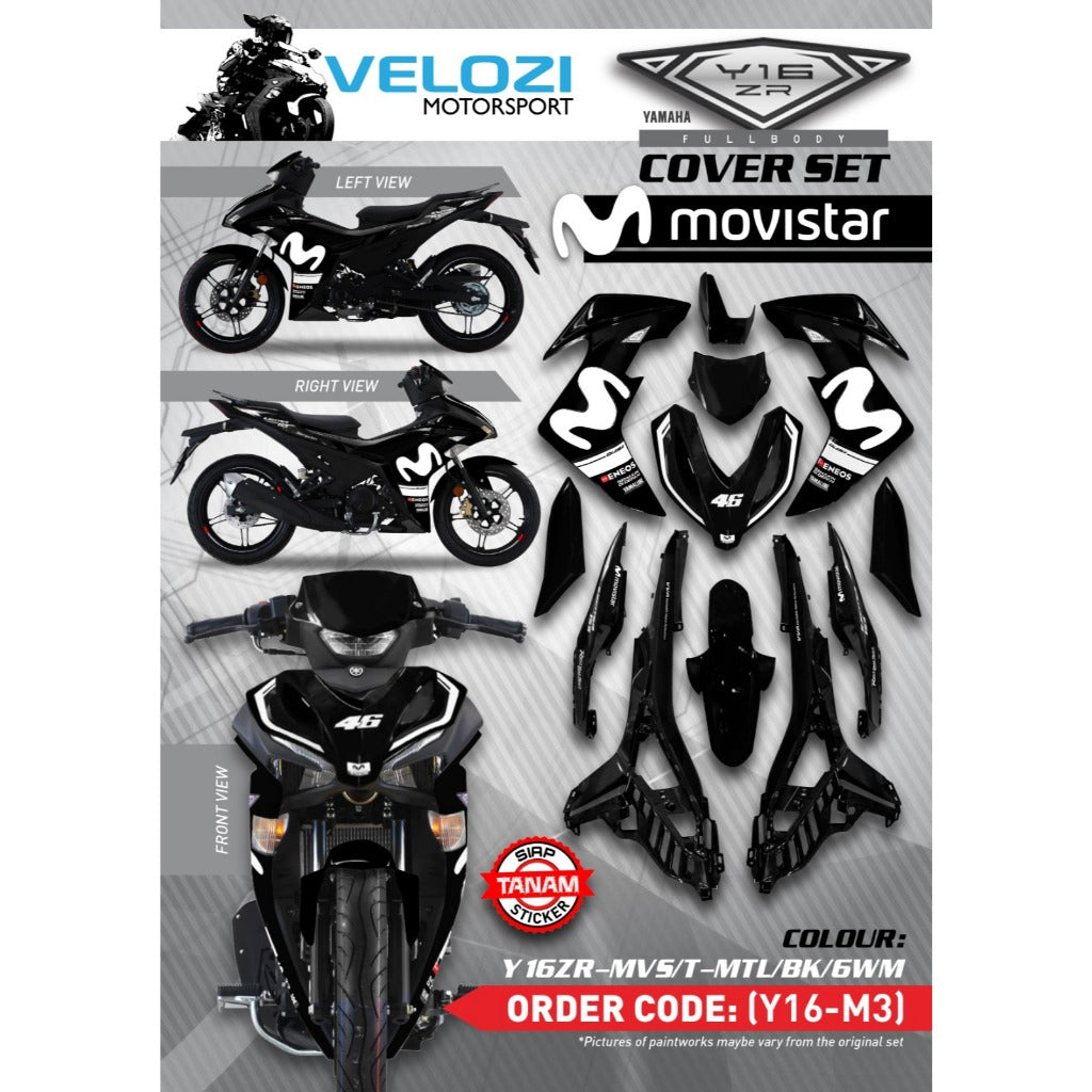 Y16 COVERSET Y16ZR MOVISTAR HITAM BLACK M PUTIH 46 VELOZI SIAP TANAM BODYSET Y16-M3