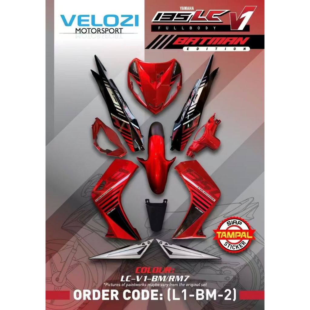 COVERSET BODYSET YAMAHA LC135 LC 135 V1 RM7 MERAH BLACK BATMAN ( L1-BM-2 ) STRIPE SIAP TAMPAL VELOZI
