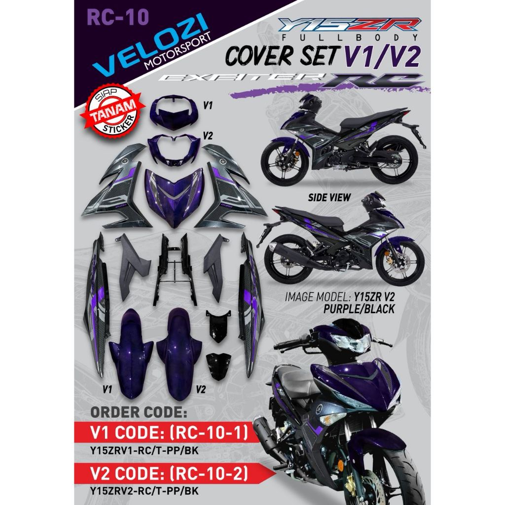 COVERSET BODYSET Y15ZR V1 V2 EXCITER RC PURPLE BLACK RC-10 SIAP TANAM PREMIUM EDITION Y15 ORIGINAL VELOZI