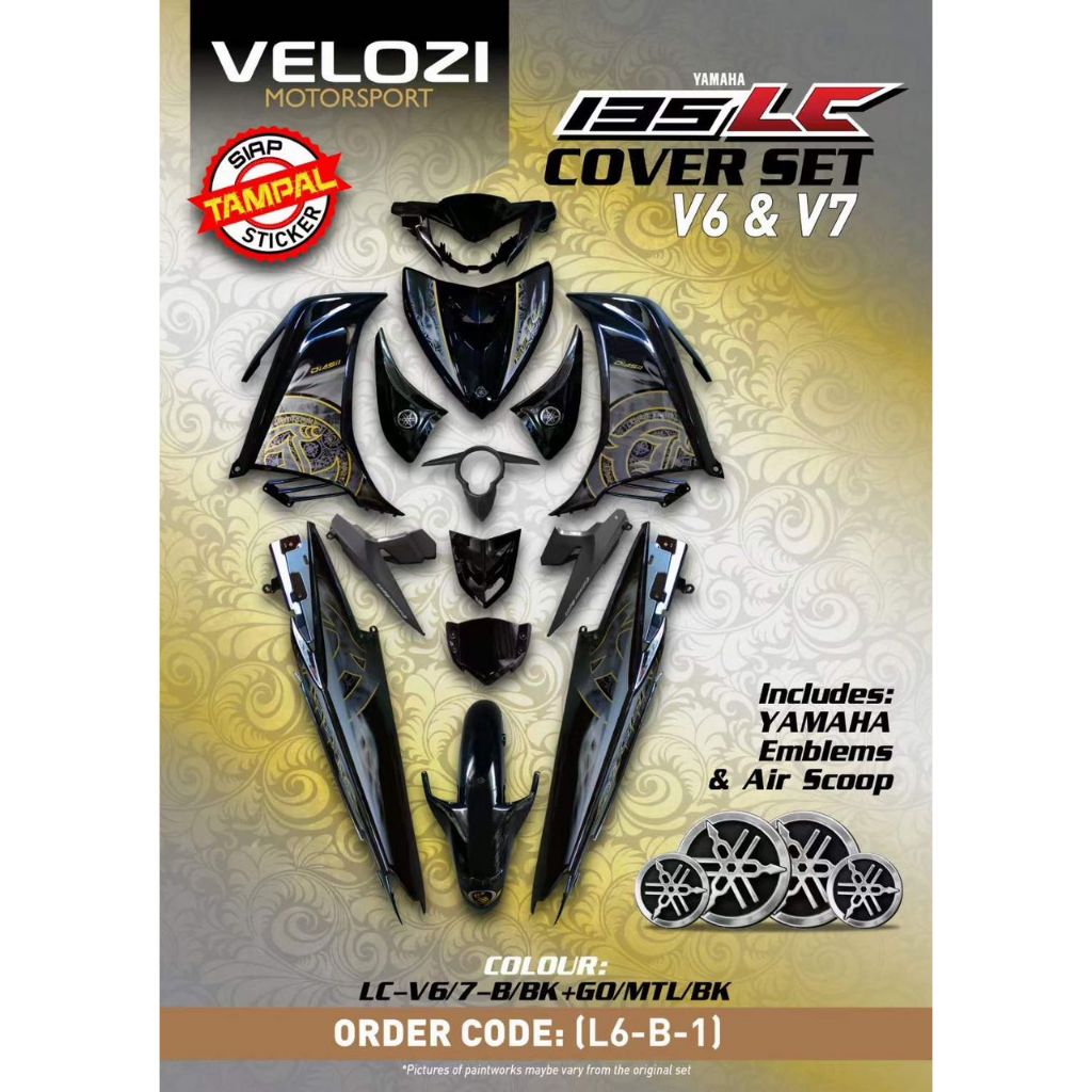 YAMAHA LC LC135 V4 V5 V6 V7 HITAM KILAT FULL BATIK GOLD - COVERSET BODYSET SIAP TAMPAL VELOZI WITH COVER METER