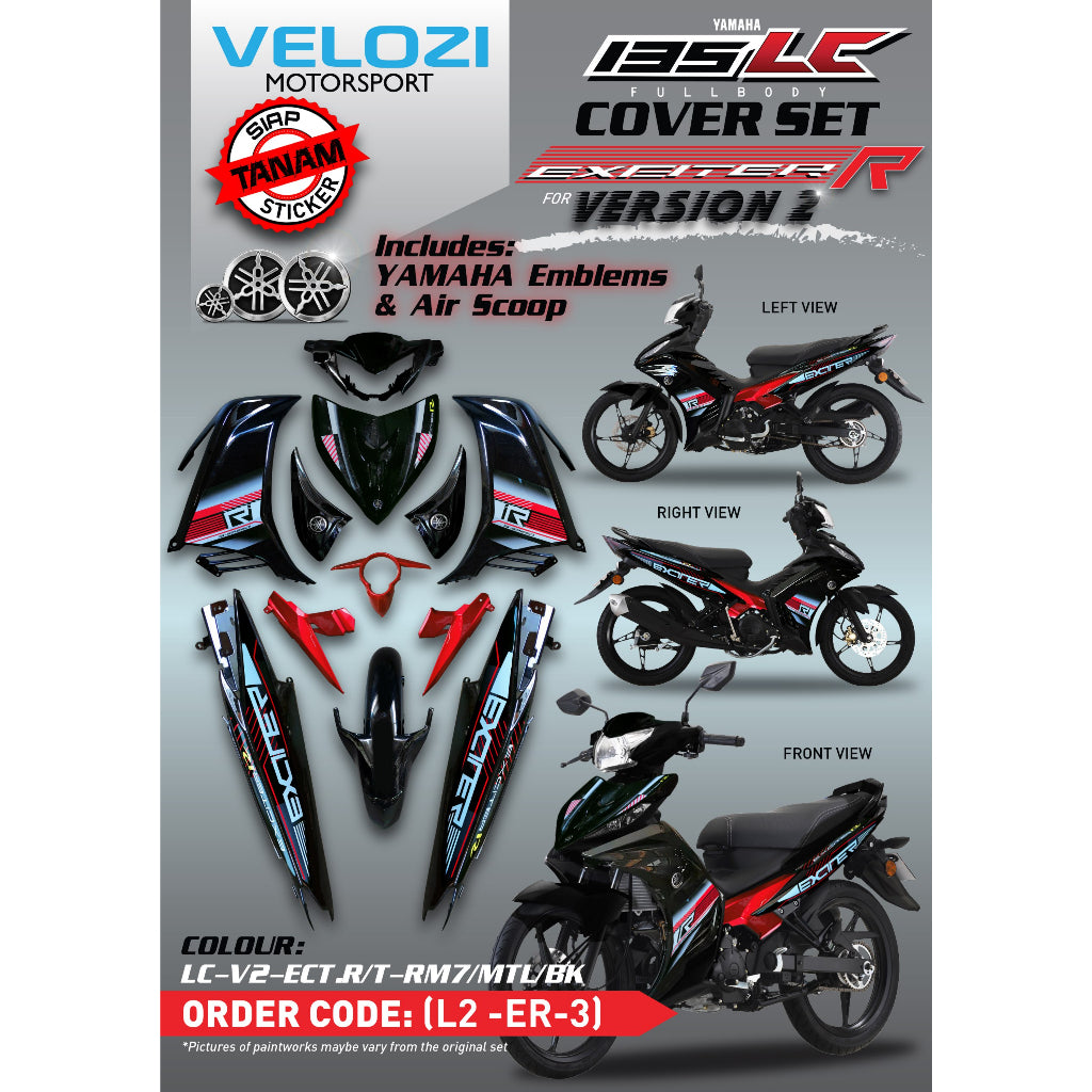 MALIBU COVERSET YAMAHA LC LC135 V2 EXCITER R RM7 BLACK RED HITAM MERAH BODYSET SIAP TANAM VELOZI WITH COVER METER