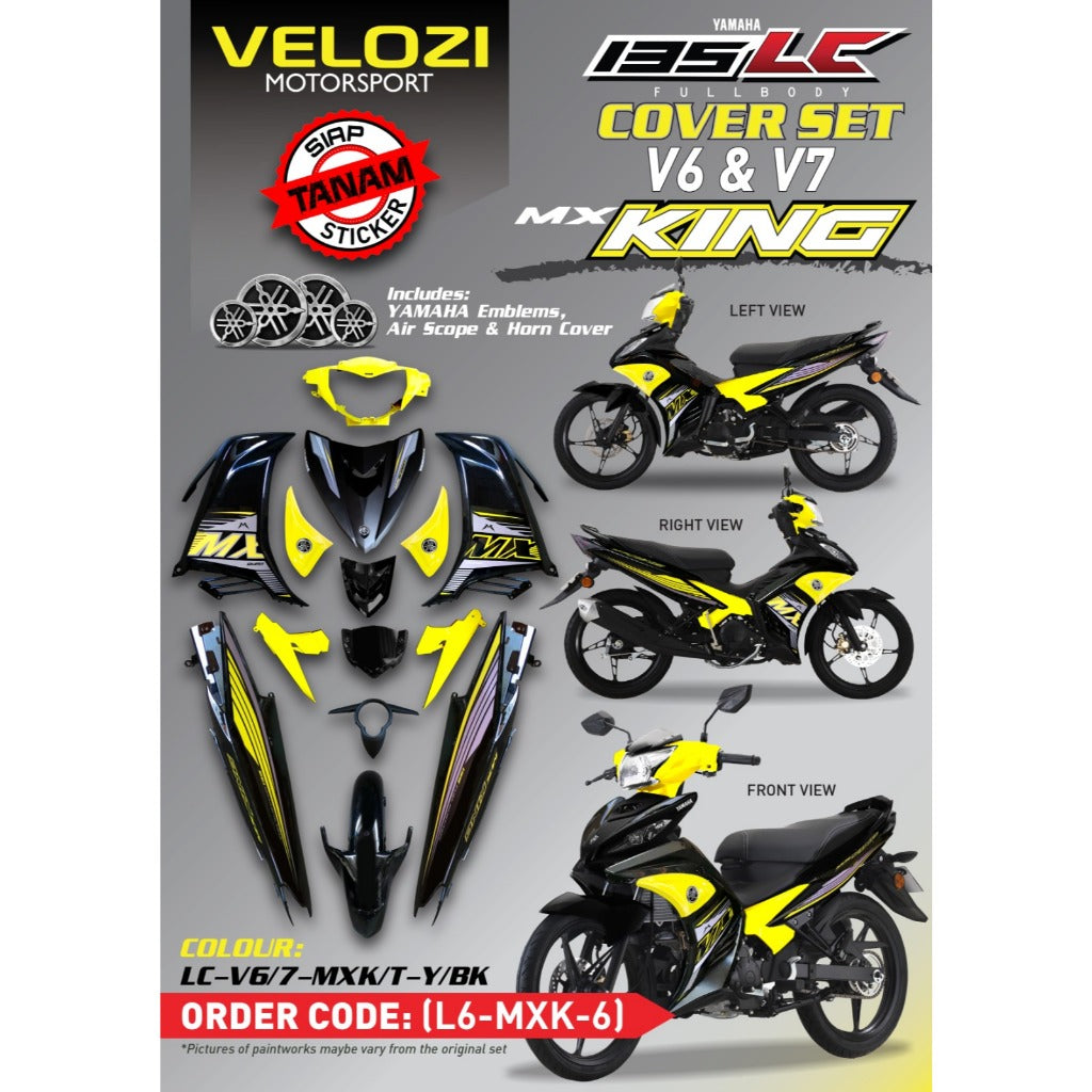 YAMAHA LC LC135 V4 V6 V7 MX KING METALLIC BLACK YELLOW 2021 COVERSET BODYSET READY TO INSTALL ORIGINAL VELOZI OEM