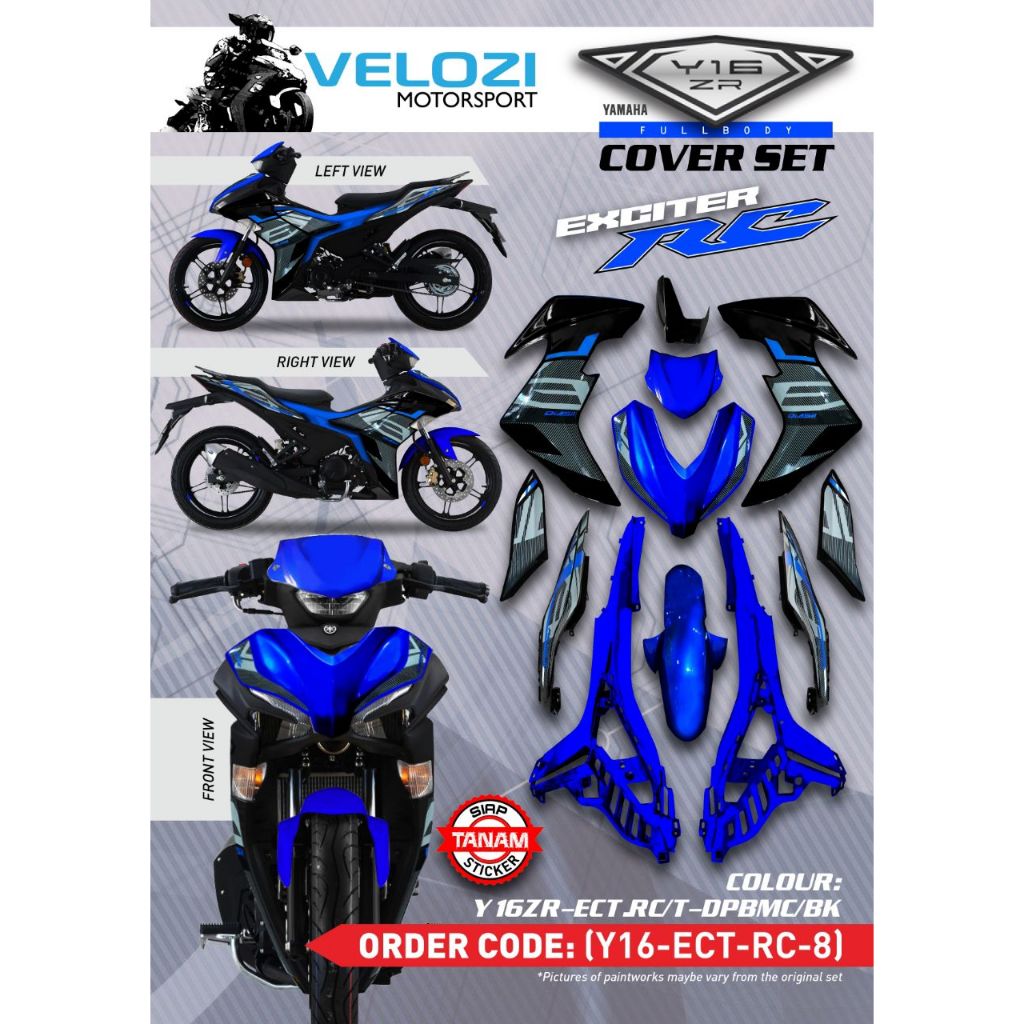 Y16 V1 V2 COVERSET Y16ZR EXCITER RC DPBMC BLACK BIRU ABS Y16-ECT-RC-8 ORIGINAL VELOZI YAMAHA SIAP TANAM READY STOK