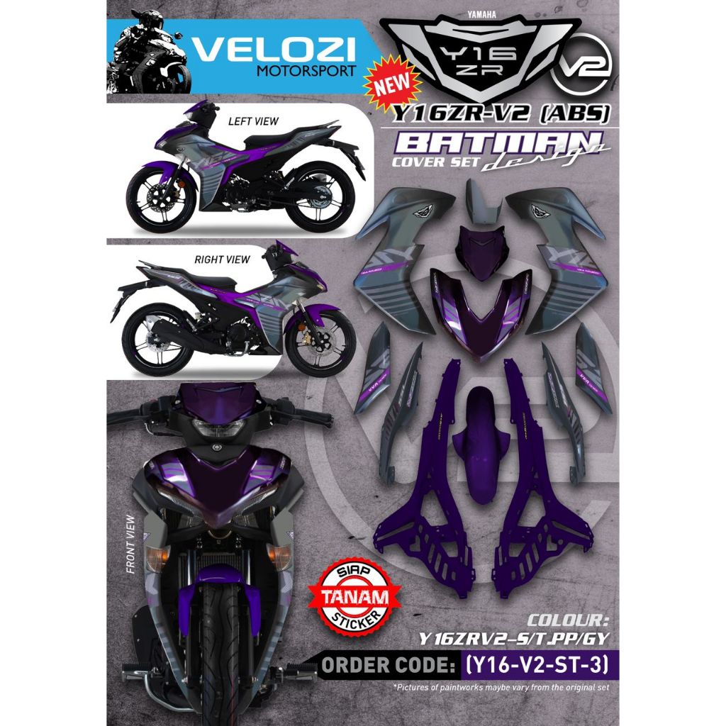 Y16 V2 COVERSET Y16ZR ABS ORIGINAL VELOZI PURPLE GREY 2015 BATMAN Y16-V2-ST-3 METALIC PURPLE STANDARD SIAP TANAM