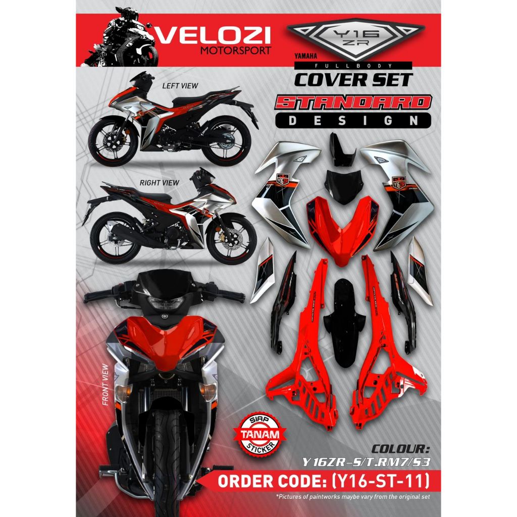Y16 COVERSET Y16ZR RM7 S3 MERAH SILVER STANDARD DESIGN Y16-ST-11 ORIGINAL VELOZI YAMAHA SIAP TANAM READY STOK