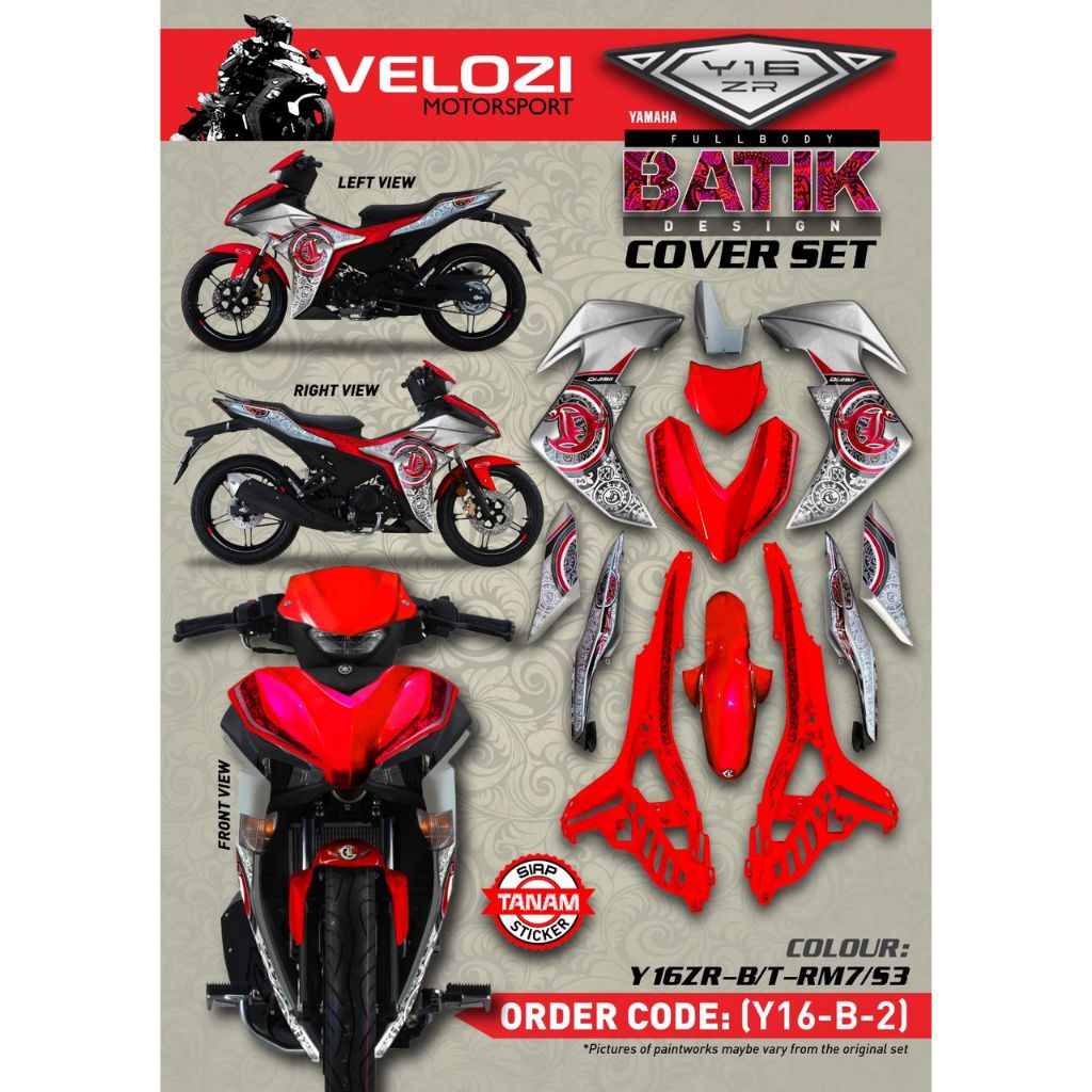 Y16 V1 V2 COVERSET Y16ZR RM7 S3 MERAH SILVER BATIK Y16-B-2 ORIGINAL VELOZI YAMAHA SIAP TANAM READY STOK