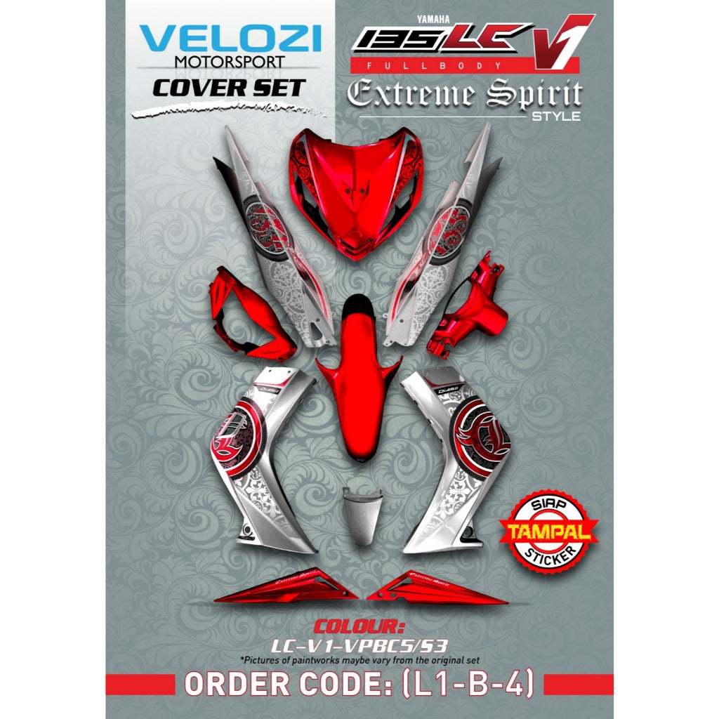 COVERSET LC LC135 V1 YAMAHA DOCTOR VELOZI P MERAH RED BATIK SILVER 029 NEW DESIGN STRIPE SIAP TANAM CLEAR 2K