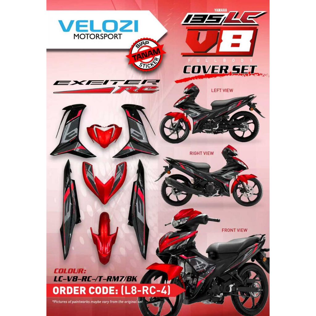 MOTORCYCLE COVERSET BODYSET LC135 LC V8 RC RM7 RED BLACK FUEL INJECTION FI YAMAHA SIAP TANAM VELOZI L8-RC-4