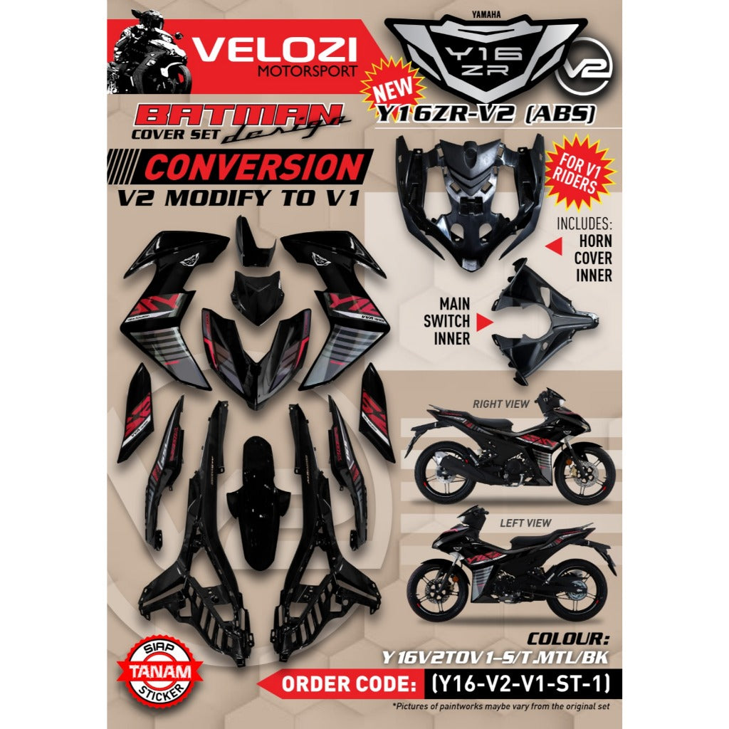 Y16 V1 V2 COVERSET Y16ZR STANDARD MATELIC BLACK DESIGN 2015 BATMAN HITAM ORIGINAL VELOZI DOCTOR YAMAHA SIAP TANAM
