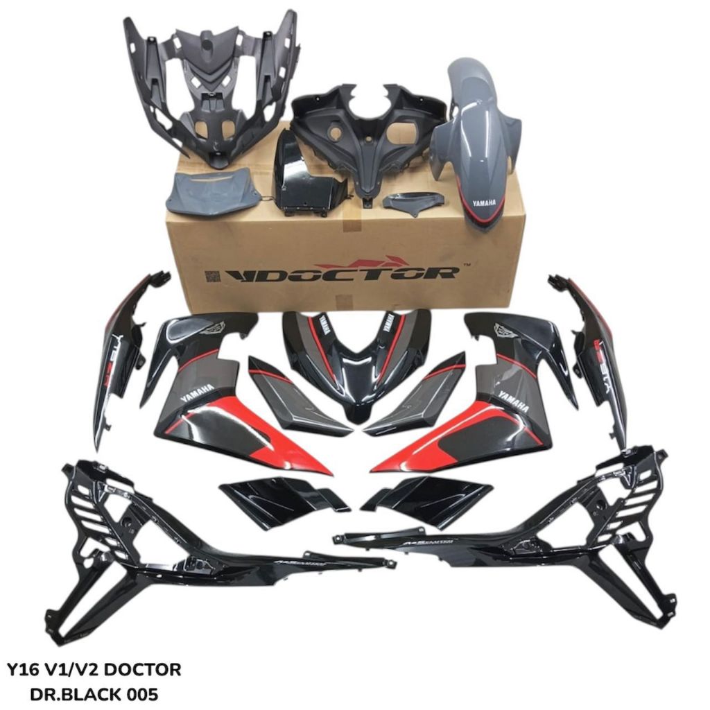 Y16 V1 V2 COVERSET Y16ZR RXZ DESIGN BLACK TONE GREY RED STRIPES Y16-RXZ-E-1 ORIGINAL VELOZI VDOCTOR YAMAHA SIAP TANAM