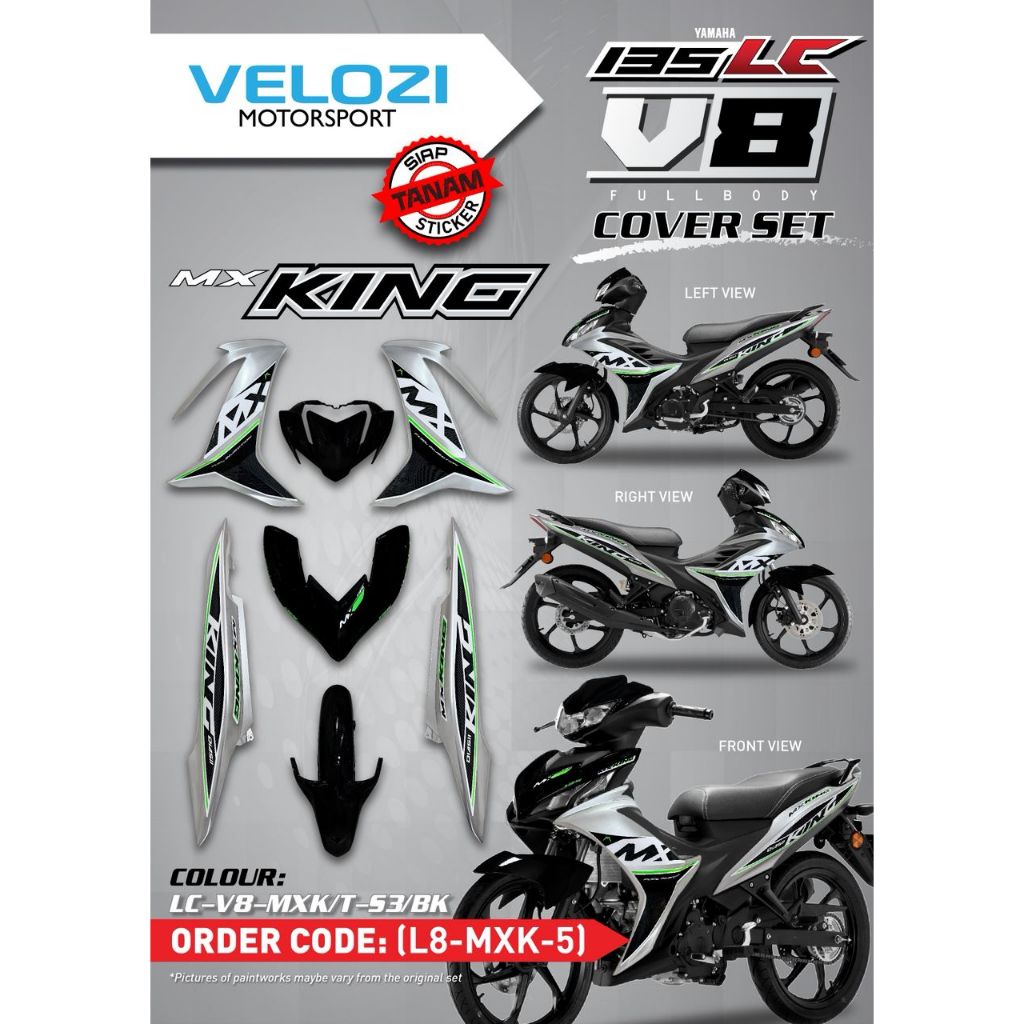 MOTORCYCLE COVERSET BODYSET LC135 LC V8 MX KING SILVER S3 BLACK L8-MXK-5 FUEL INJECTION FI YAMAHA SIAP TANAM VELOZI