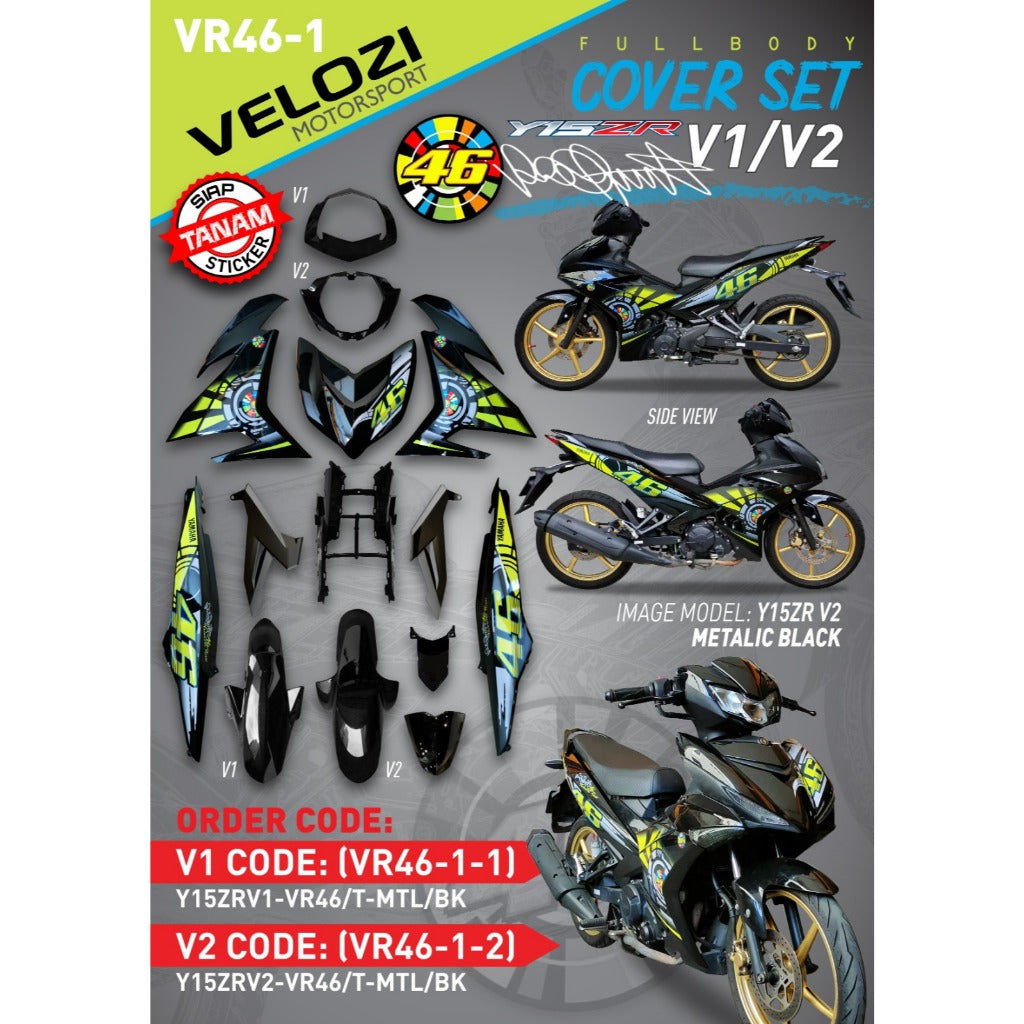 COVERSET YAMAHA BODYSET Y15 YSUKU Y15ZR V1 V2 HITAM 46 BLACK SPECIAL EDITION SILVER STRIPE TANAM CLEAR VELOZI VR46-1