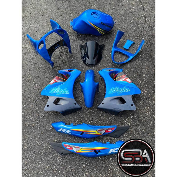 KAWASAKI NINJA DOUBLE R 150 RR STANDARD COVERSET STICKER SIAP TANAM BLUE BIRU TERMASUK TANK ( 2 KOTAK BESAR ) OEM SET