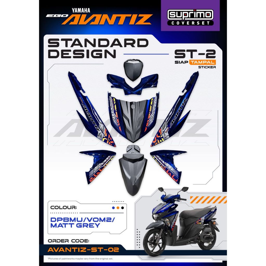 COVERSET BODYSET EGO AVANTIZ YAMAHA STICKER SIAP TAMPAL BLUE DPBMU VOM2 MATT GREY MM-03 SUPRIMO ST-02