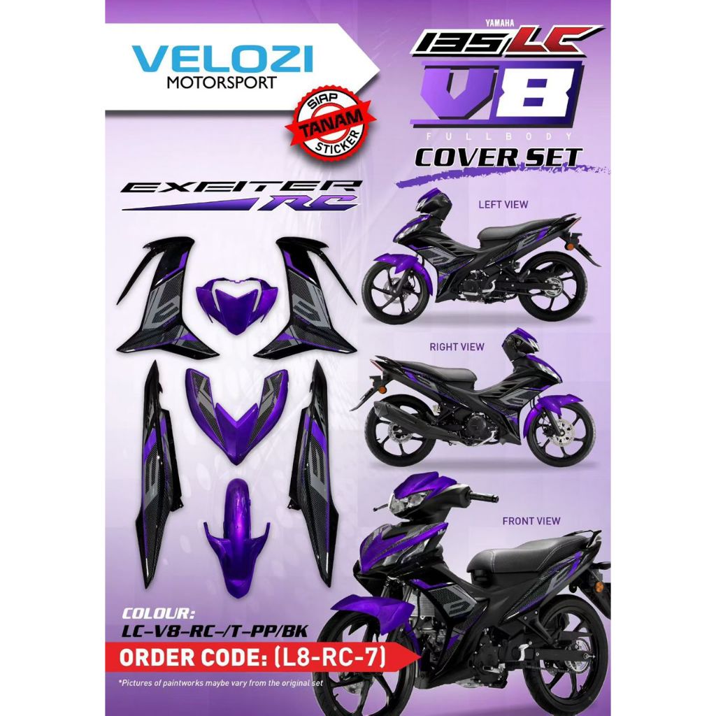 MOTORCYCLE COVERSET BODYSET LC135 LC V8 RC PURPLE BLACK FUEL INJECTION FI YAMAHA SIAP TANAM VELOZI L8-RC-7