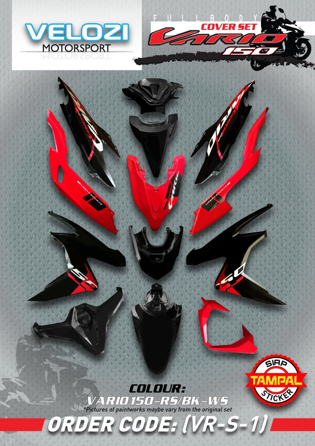 COVERSET HONDA VARIO VARIO150 RED SUN METALIC BLACK MERAH HITAM WITH STICKER SIAP TAMPAL VELOZI VR-S-1