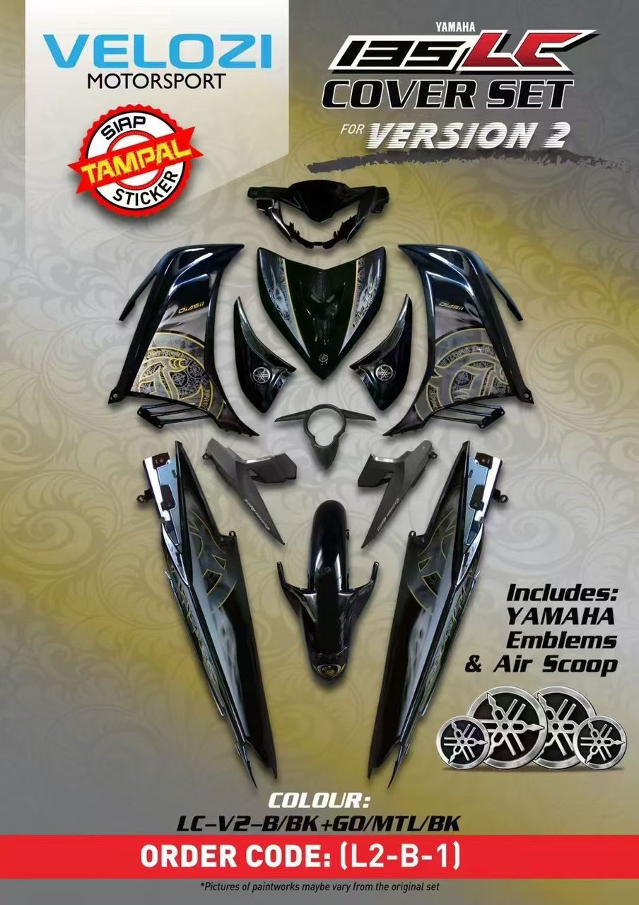 COVERSET VERSION VELOZI / M MATE LC 135 LC135 V2 HITAM BATIK GOLD HITAM STRIPE TAMPAL KILANG FREE EMBLEM