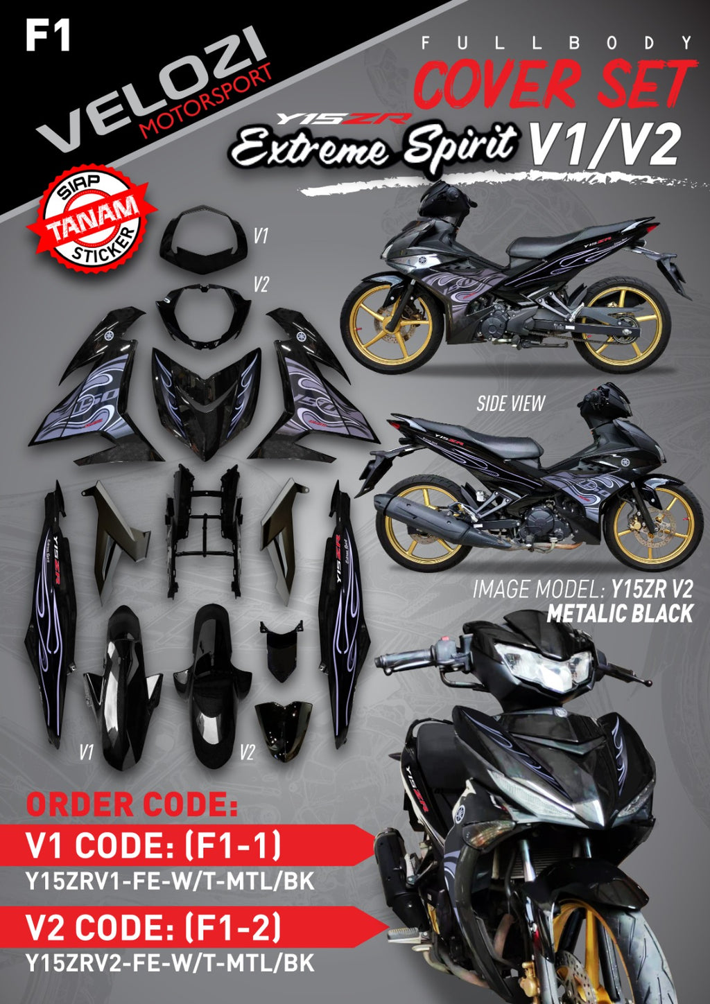 COVERSET BODYSET MOTORSIKAL YAMAHA Y15 Y15ZR V1 V2 BLACK HITAM FIRE API VELOZI F1 DOCTOR 024 SIAP TANAM
