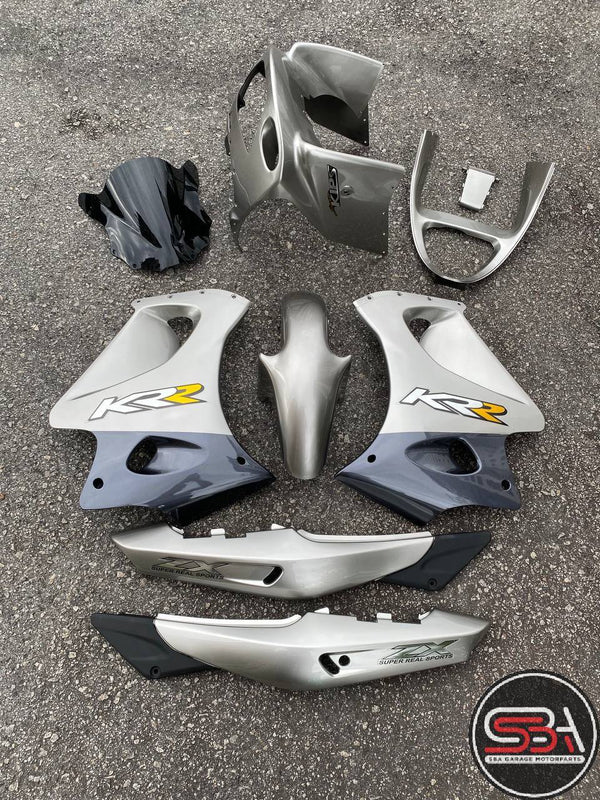 KAWASAKI NINJA DOUBLE R KR 150 RR BODY COVERSET, CLEAR-COATED STICKERS, 2-TONE RED, INCLUDING TANK (2 LARGE BOXES), OEM SET