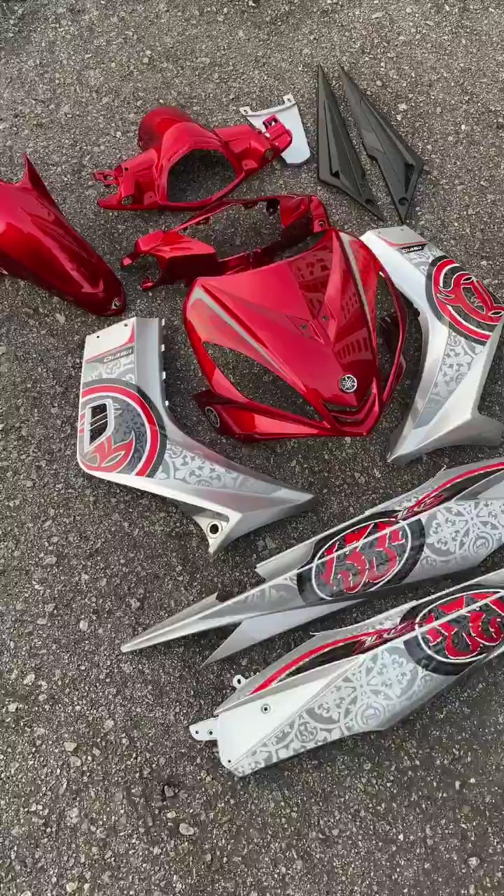 COVERSET LC LC135 V1 YAMAHA DOCTOR VELOZI P MERAH RED BATIK SILVER 029 NEW DESIGN STRIPE SIAP TANAM CLEAR 2K