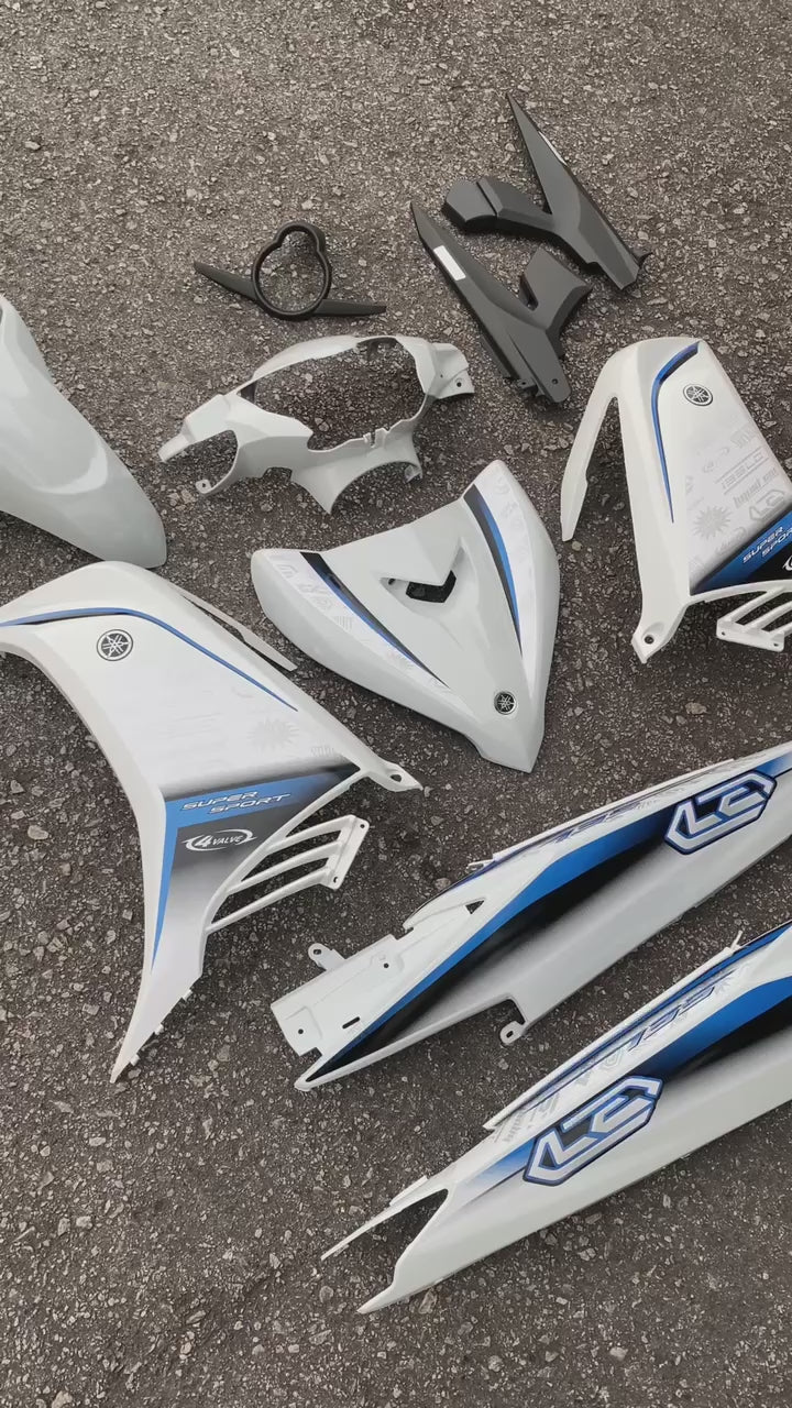 COVERSET HONG LEONG YAMAHA HLY / VELOZI LC LC135 V2 V3 V4 PUTIH PURBA DESIGN BIRU STRIPE SIAP TAMPAL FREE EMBLEM