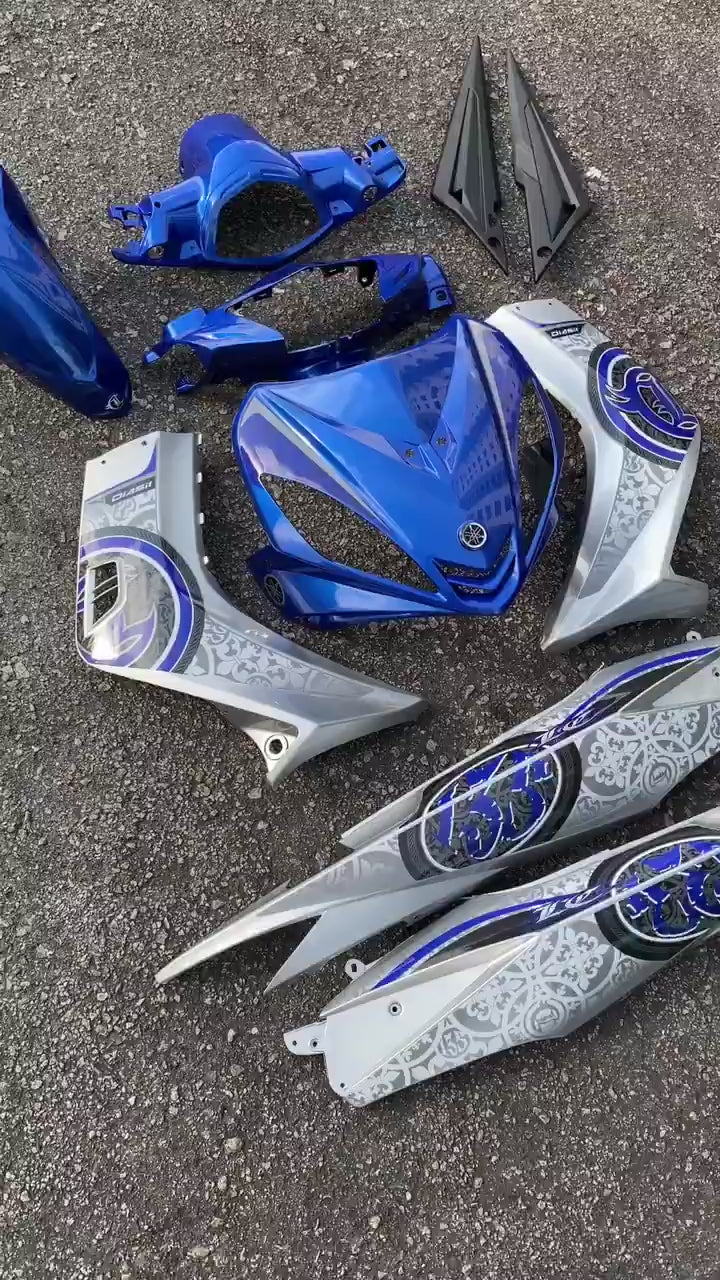 COVERSET LC LC135 V1 YAMAHA VELOZI / DOCTOR P BLUE BIRU BATIK SILVER 028 DESIGN STRIPE SIAP TANAM CLEAR 2K