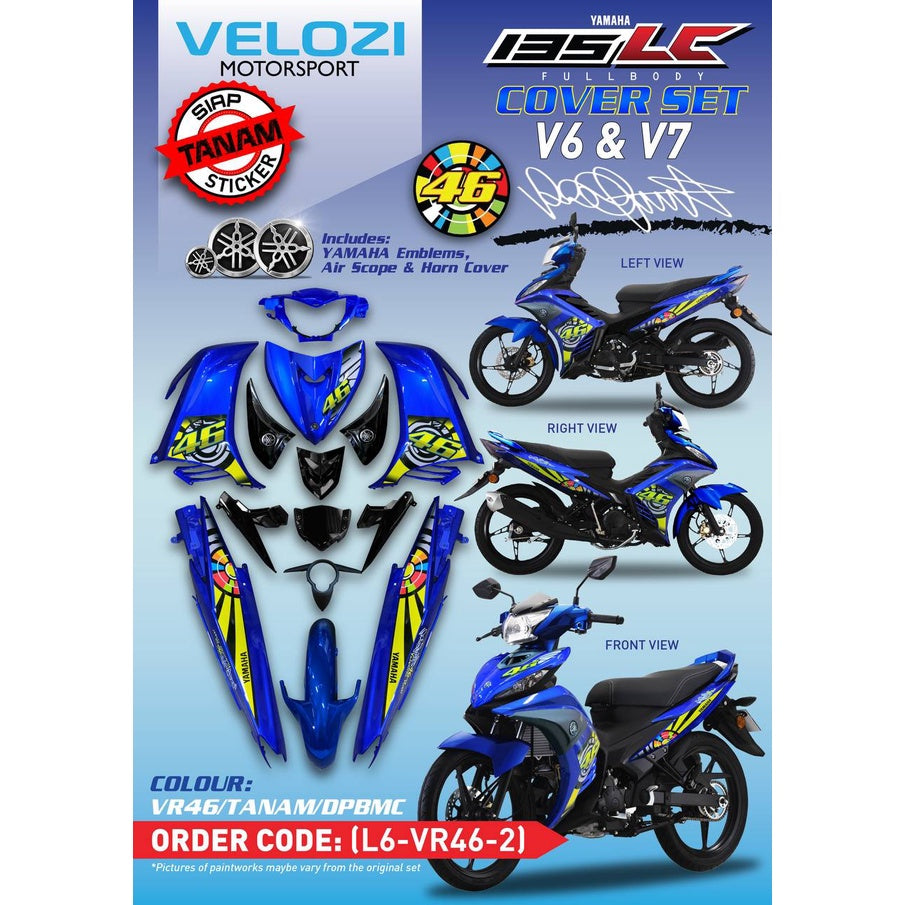 YAMAHA LC LC135 V6 V7 VALENTINO ROSSI VR 46 BIRU DPBMC KILAT COVERSET BODYSET SIAP TANAM VELOZI WITH COVER METER