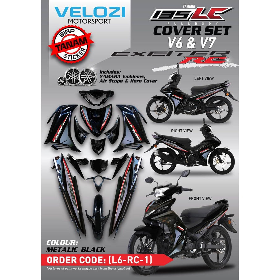 YAMAHA LC135 V6 V7 METALLIC BLACK RC BLACK RED COVERSET BODYSET READY TO INSTALL VELOZI DOCTOR 009 L6-RC-1