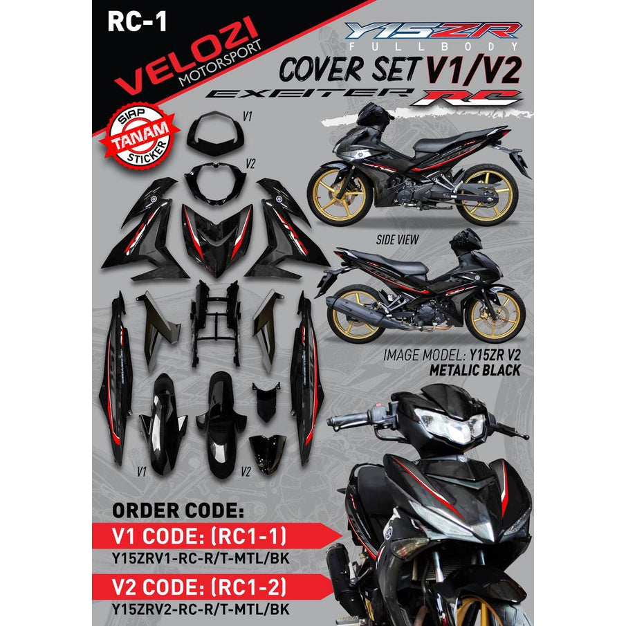 COVERSET BODY Y15 Y15ZR V1 V2 YAMAHA EXCITER RC HITAM 1ST EDITION SIAP TANAM ORIGINAL VELOZI MATELIC BLACK RC-1