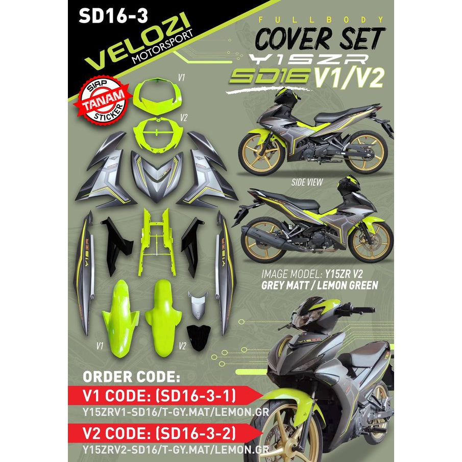 COVERSET Y15ZR V1 V2 SD16 GREY MATT LEMON GREEN PATTERN LINE PREMIUM COVERSET BODYSET Y15ZR Y15 YSUKU VELOZI TANAM