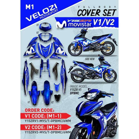 COVERSET Y15 Y15ZR 2018 V1 V2 MOVISTAR BIRU DPBMC M PUTIH HLY / OEM VELOZI SET STRIPE TANAM / TAMPAL 6WM M1