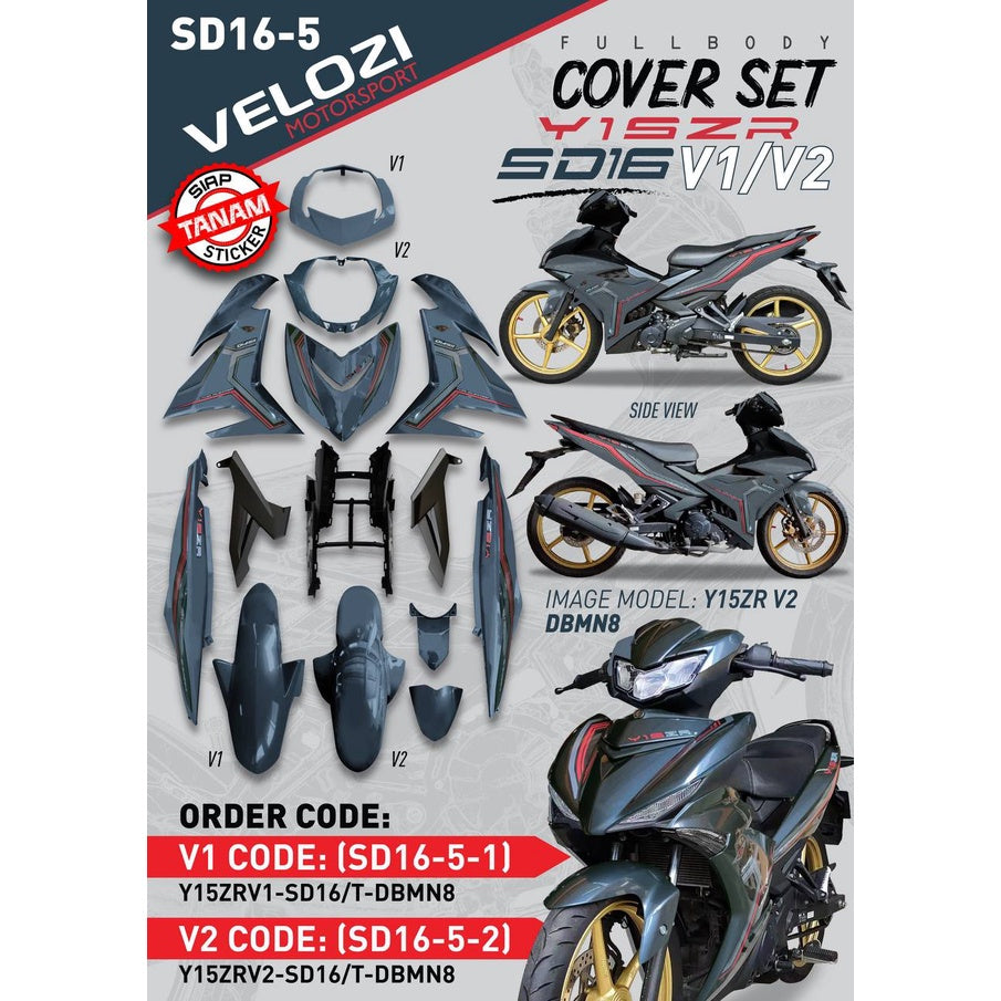 COVERSET Y15ZR Y15 V1 V2 SD16 DBMN8 GREY SIAP TANAM  PATTERN LINE ORI VELOZI PREMIUM BODYSET ORIGINAL SD16-5
