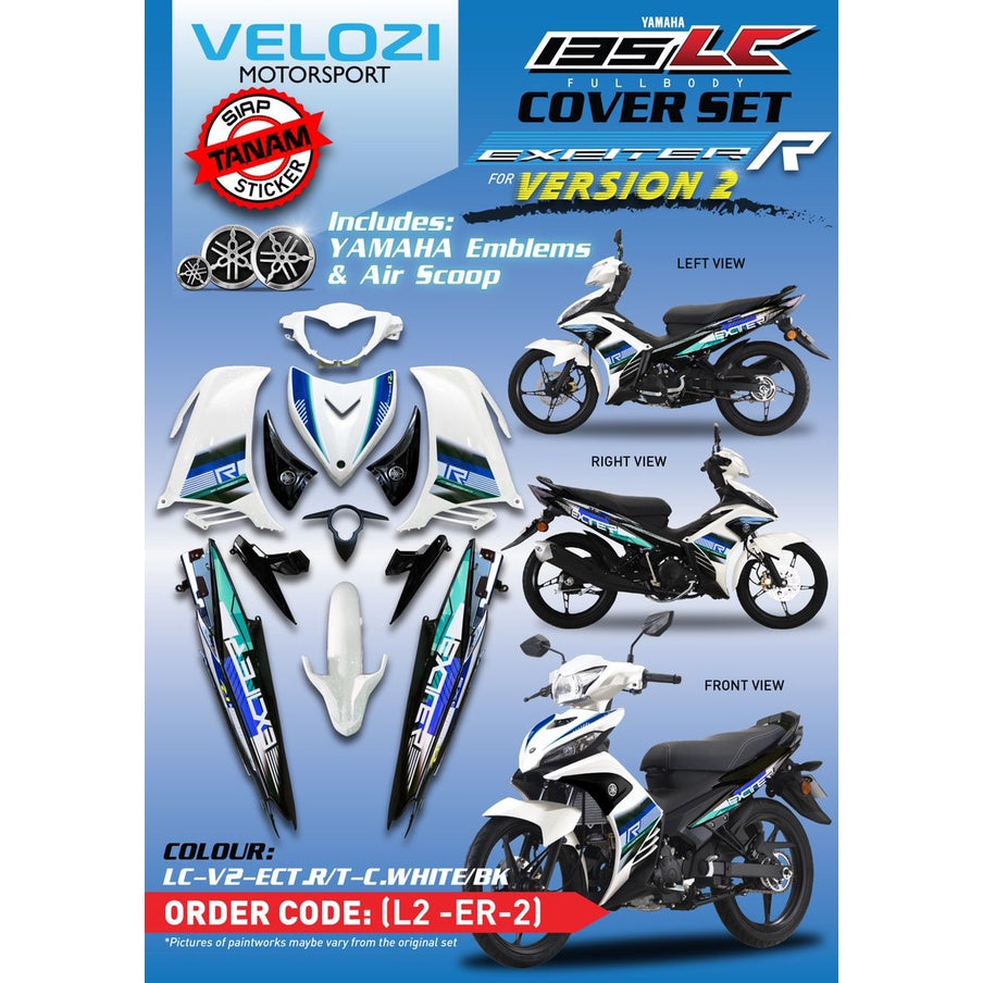 MALIBU COVERSET YAMAHA LC LC135 V2 EXCITER R CRYSTAL WHITE BLACK HITAM PUTIH BODYSET SIAP TANAM VELOZI WITH COVER METER